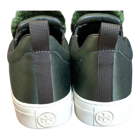 Tory Burch Daphne Pom Pom Sneaker Satin Lux Olive Green Slip On Shoe Size 8 - Picture 6 of 11